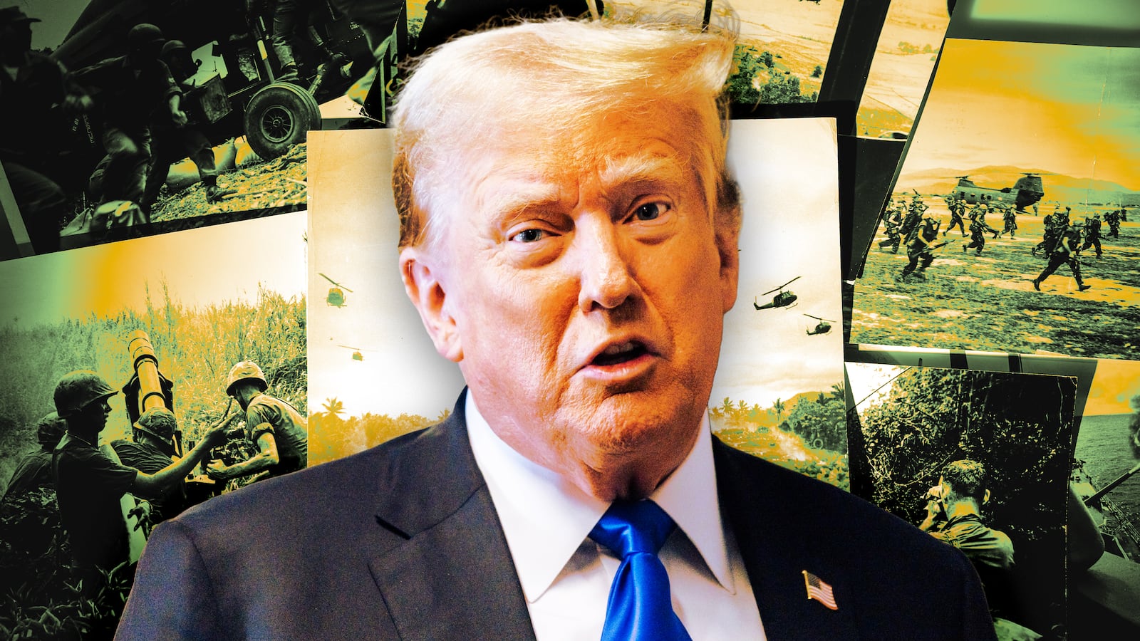 A photo illo illustration of Donald Trump and photos from the Vietnam War.