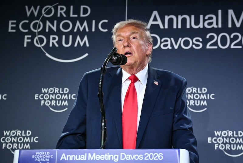President Donald Trump, pictured speaking during a reception with business leaders on the sidelines of the World Economic Forum, said the U.S. reached a "framework" in regards to Greenland on January 21, 2026.