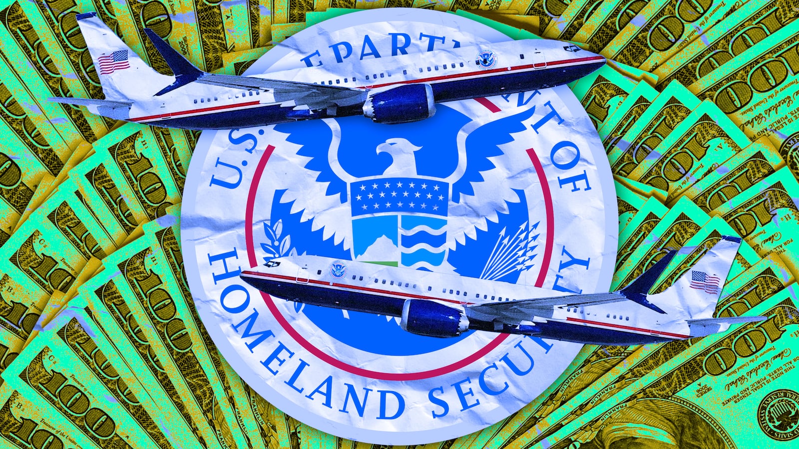 A photo illustration of the DHS logo, planes, and money.