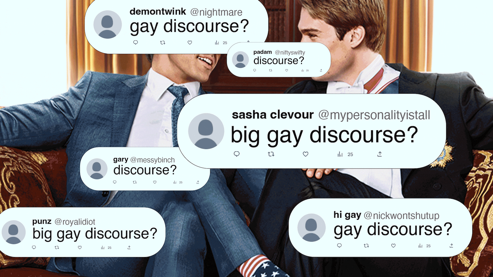 A gif featuring the stars of Red, White, & Royal Blue with fake gay tweets layered over them.