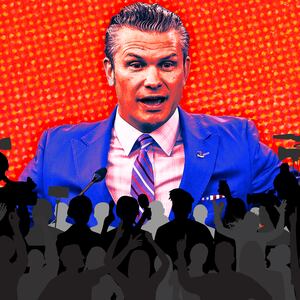 A photo illustration of Pete Hegseth and a crowd of press corps.