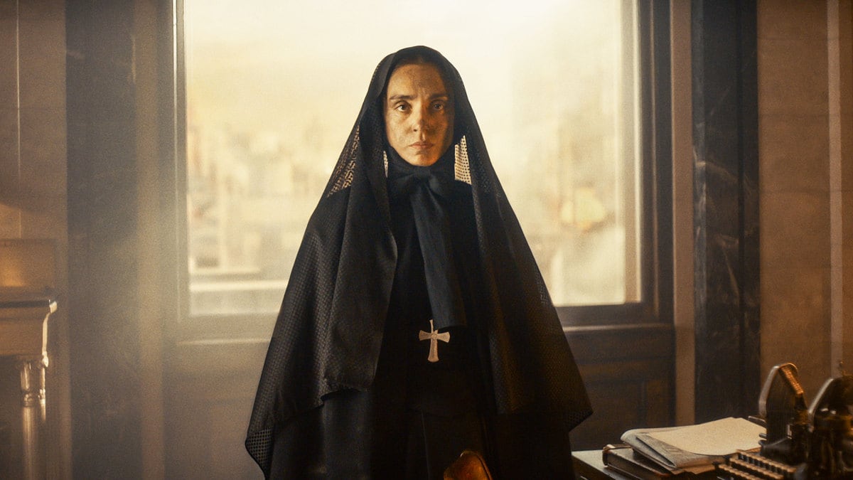 A photo including a still from the film Cabrini