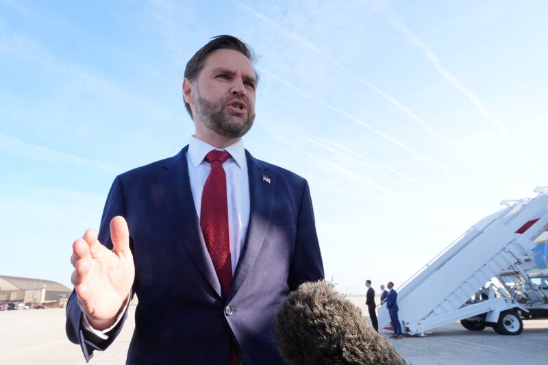 U.S. Vice President JD Vance speaks to the media before boarding Air Force Two for expected departure to Pakistan for talks on Iran, at Joint Base Andrews, Maryland, U.S., April 10, 2026. Jacquelyn Martin/Pool via REUTERS