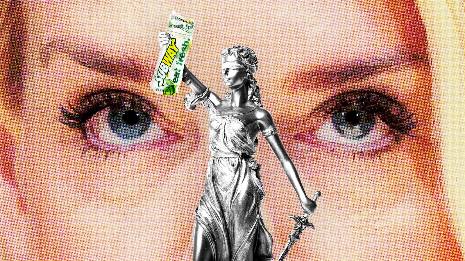 Pam Bondi looking at Lady Justice holding a Subway sandwich