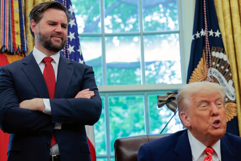 President Donald Trump along with Vice President JD Vance address reporters in the Oval Office at the White House on May 08, 2025 in Washington, DC.