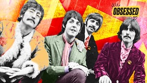 A photo illustration of The Beatles for the Obsessed podcast.