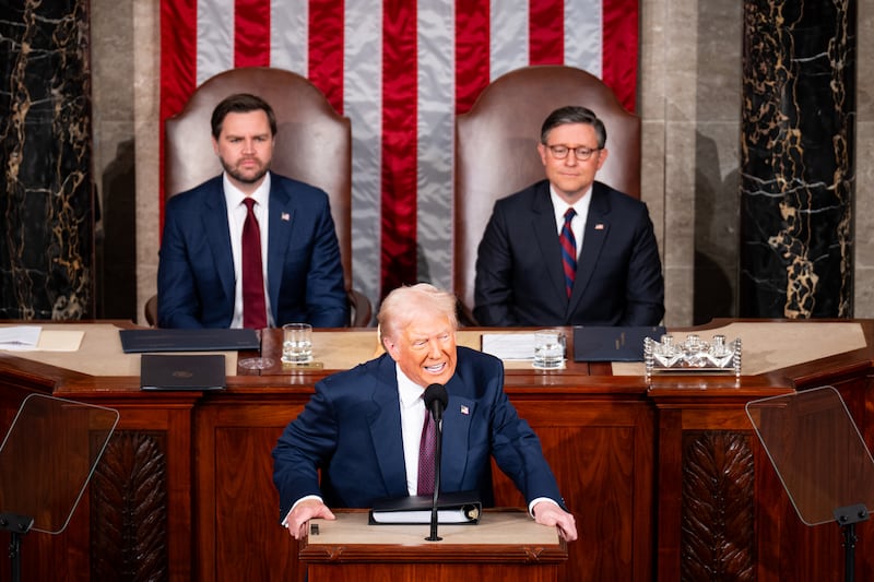 UNITED STATES - MARCH 4: President Donald Trump delivers his address to a joint session of Congress in the U.S. Capitol on Wednesday, March 4, 2025. Vice President JD Vance, left, and Speaker of the House Mike Johnson, R-La., listen behind. (Bill Clark/CQ-Roll Call, Inc via Getty Images)
