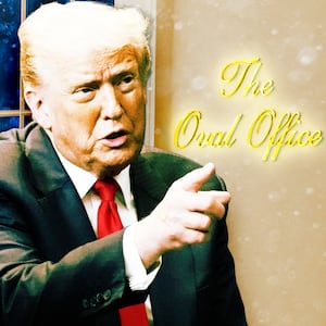 Donald Trump and the new Oval Office sign at the White House.