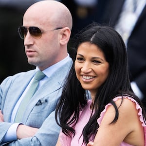 Stephen Miller and Katie Miller at the White House on Monday, April 21, 2025.