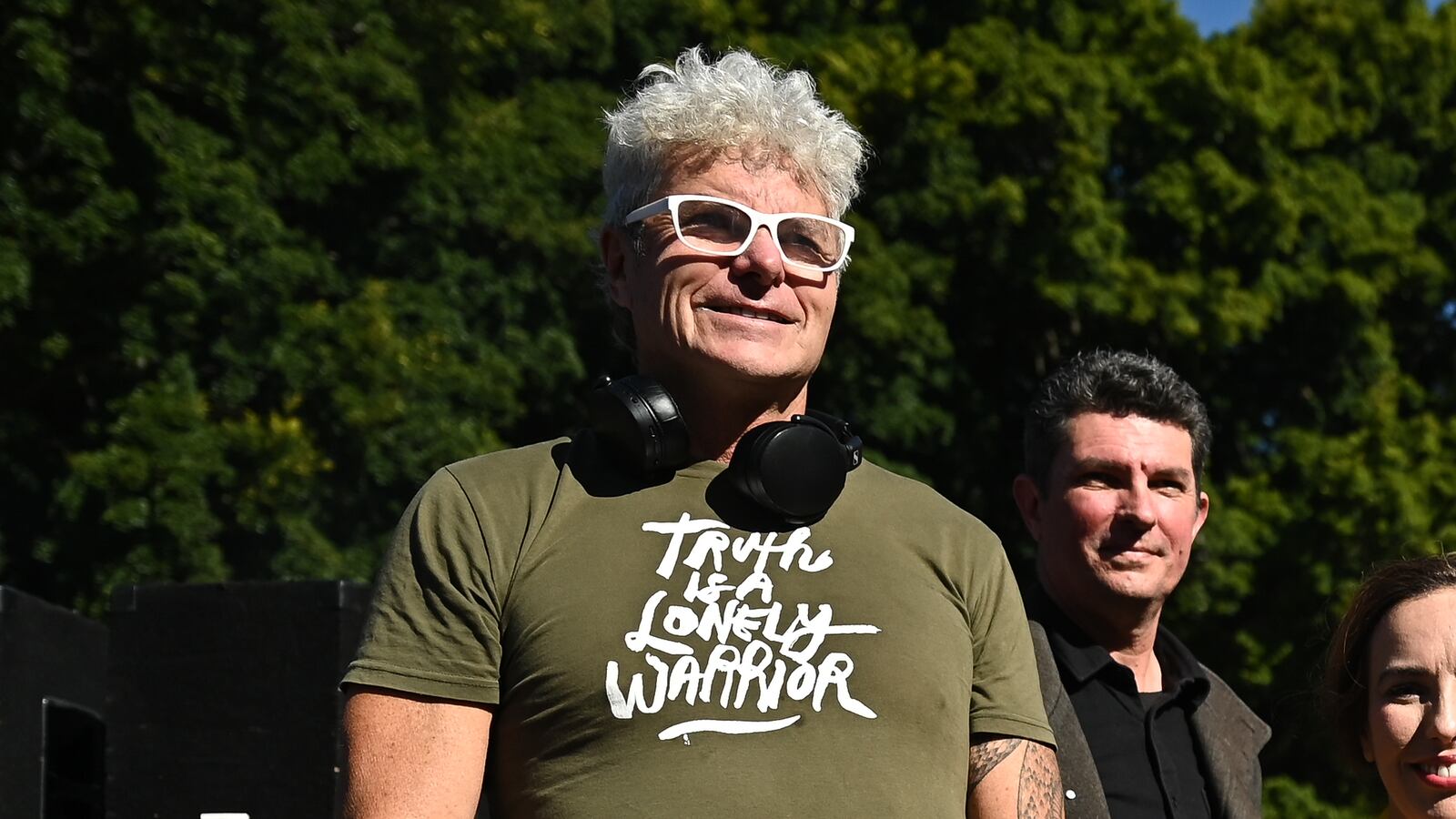 Australian whistleblower David Mcbride (L) attends the Free Assange Quad Rally
