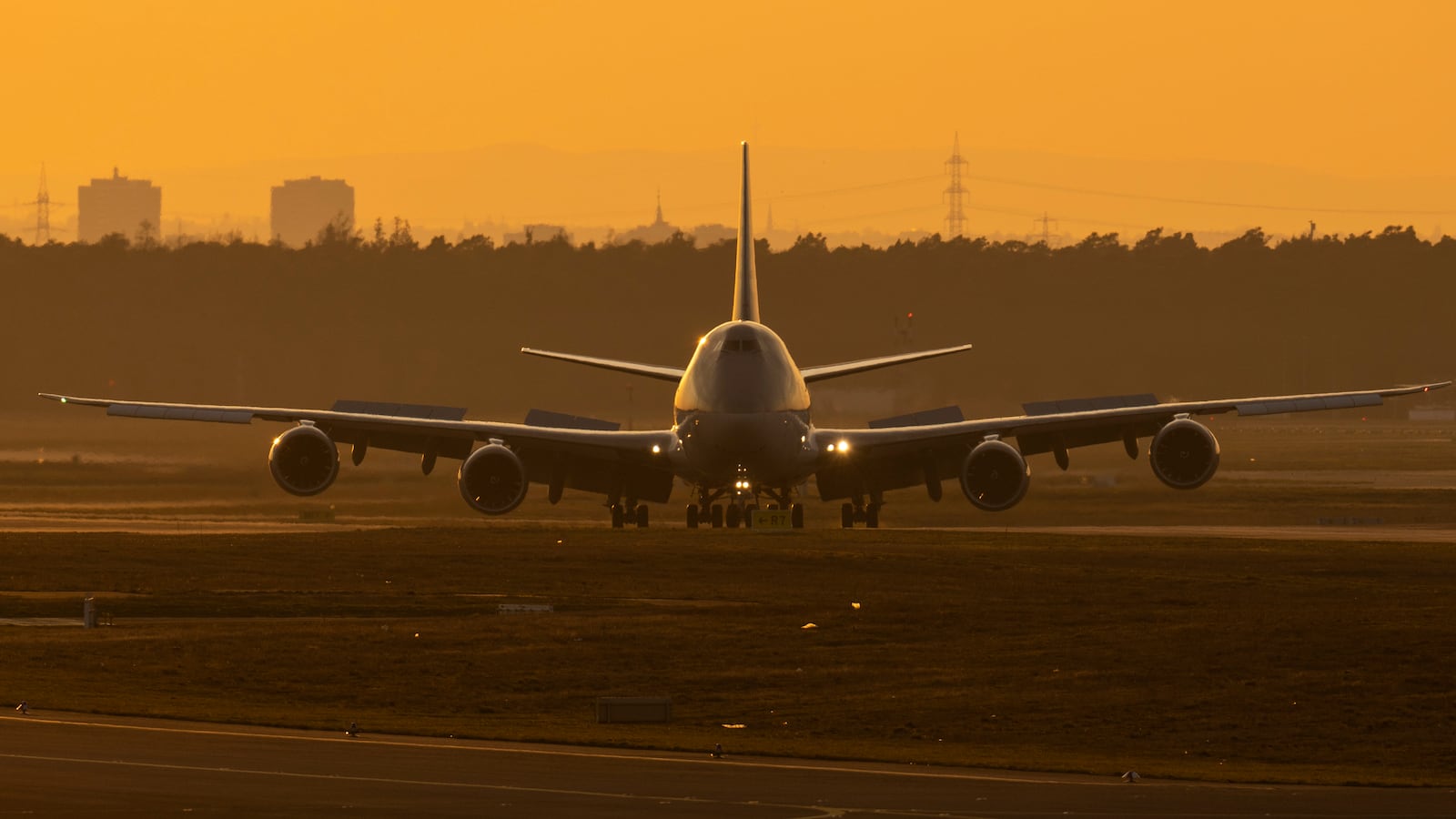 Boeing 747 cargo plane taxis to its parking position at Frankfurt airport in Germany.