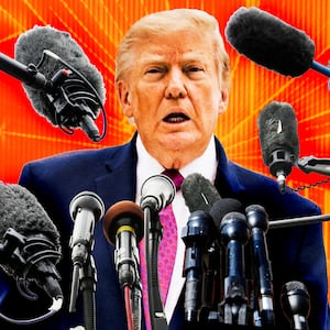 A photo illustration of Donald Trump and media press microphones.