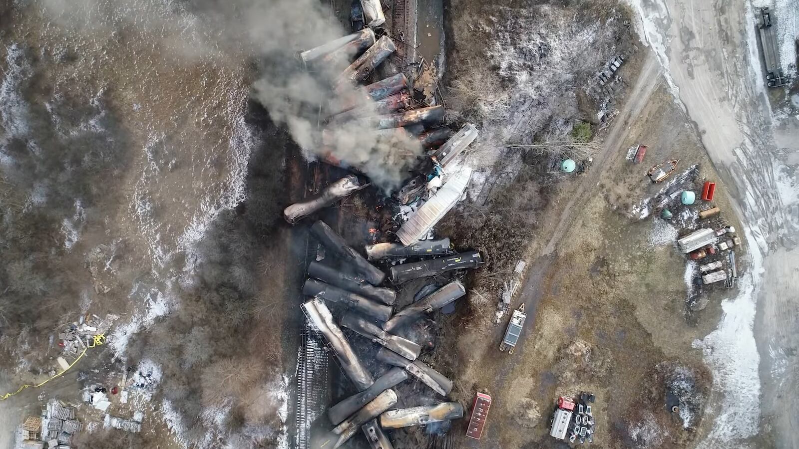 Drone footage shows the freight train derailment in East Palestine, Ohio, U.S., February 6, 2023 in this screengrab obtained from a handout video released by the NTSB.