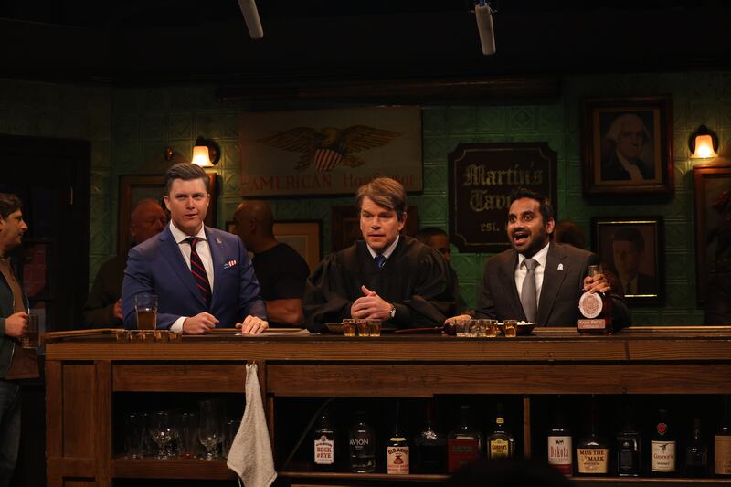 Colin Jost as Pete Hegseth, Matt Damon as Brett Kavanaugh, and Aziz Ansari as Kash Patel during the "Kavanaugh Hegseth Patel" Cold Open on Saturday, May 9, 2026.