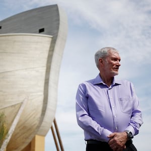 WILLIAMSTOWN, KY - April 21Ken Ham, founder of the biblical-themed Creation Museum and Ark Encounter, stands for a portrait next to a life-size replica of Noah's Ark at The Ark Encounter in Williamstown, Ky. on Friday, April 21, 2017. (Photo by Luke Sharrett /For The Washington Post via Getty Images)
ST-Ark