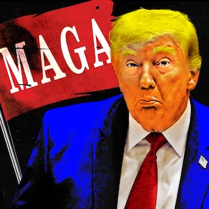 A photo illustration of Donald Trump in front of a torn MAGA flag.