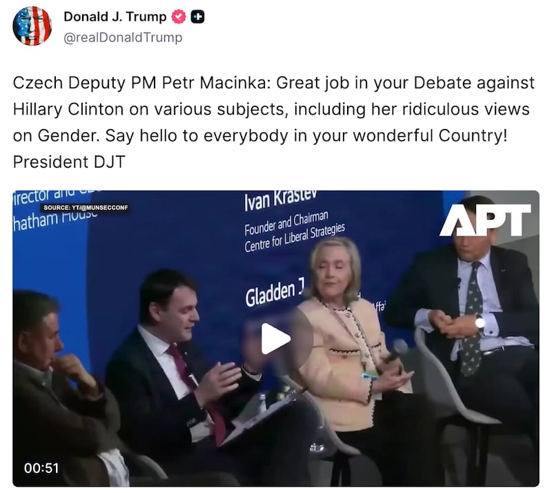 Donald Trump Truth Social post about Petr Macinka