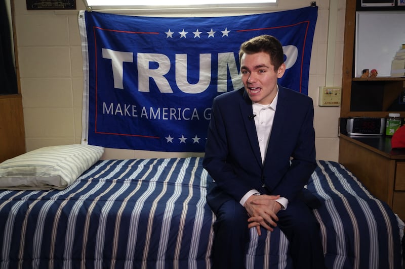 Conservative student and supporter of US President Donald Trump, Nick Fuentes, answers question during an interview with Agence France-Presse in Boston, Massachusetts, on May 9, 2017. US universities are often bastions of progressive Democrats, but Donald Trump's election has spurred a growing number of conservative students to step out of the shadows and become increasingly vocal. (Photo by William EDWARDS / AFP) / TO GO WITH AFP STORY BY Catherine TRIOMPHE-"Conservatives flex Trump-era might on US campuses" (Photo by WILLIAM EDWARDS/AFP via Getty Images)