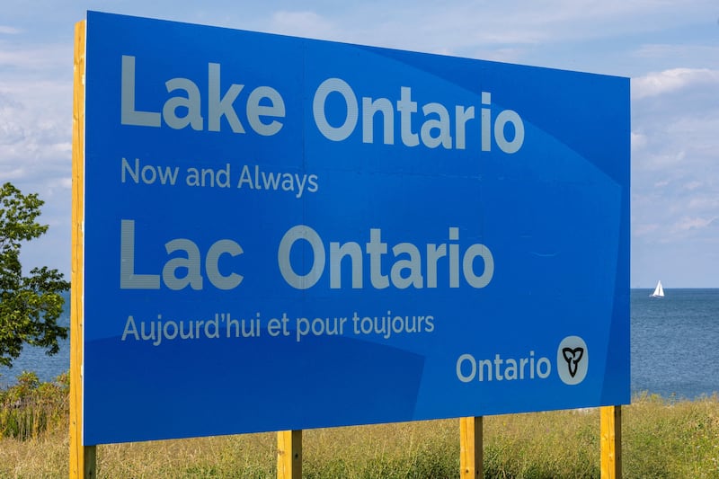 FILE PHOTO: A sign reading "Lake Ontario, Now and Always," unveiled by Ontario Premier Doug Ford at Fifty Point Conservation Area, after U.S. President Donald Trump signed an executive order renaming Lake Ontario as "Lake America," near Grimsby, Ontario, Canada, August 29, 2026. REUTERS/Carlos Osorio/File Photo