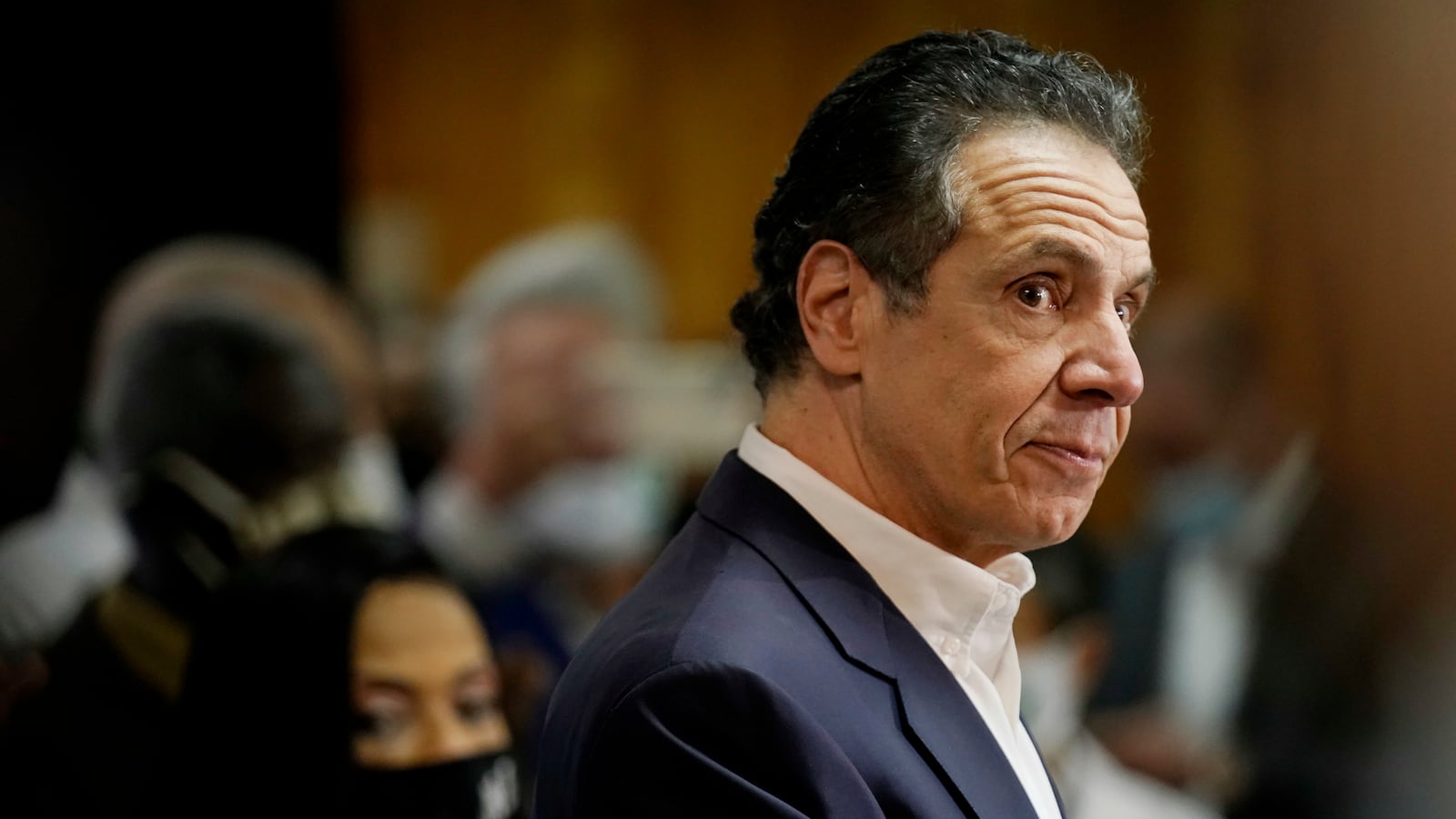New York Gov. Andrew Cuomo speaks before getting vaccinated at the mass vaccination site at Mount Neboh Baptist Church in Harlem on March 17, 2021, in New York City.
