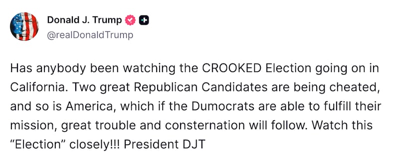 Screengrab of Trump’s Truth Social post.