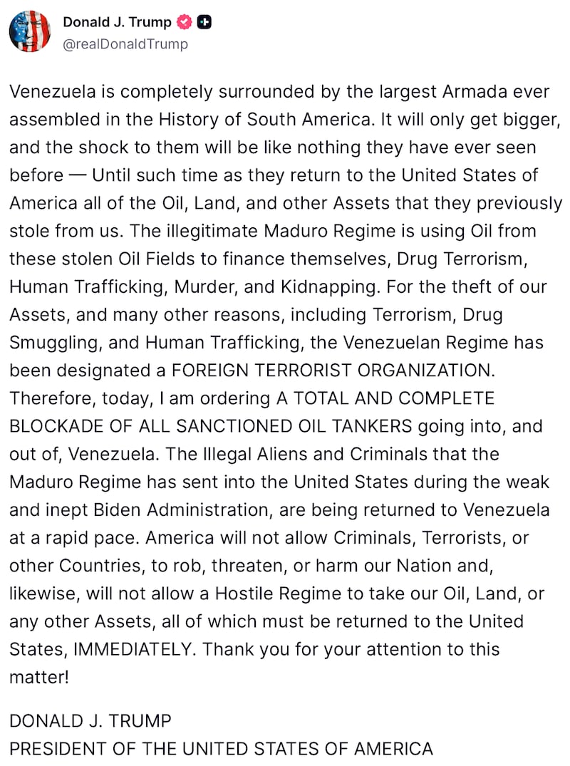 Donald Trump's oil tanker threat on Truth Social.