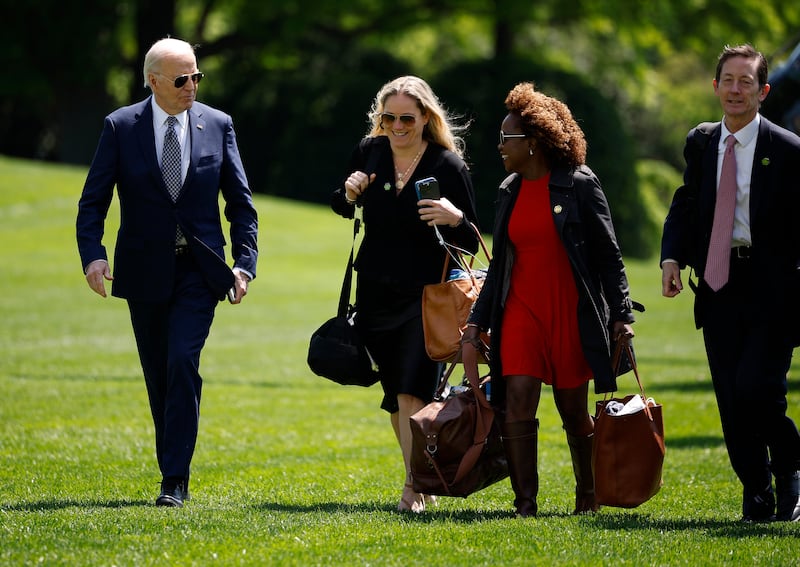 Joe Biden with Annie Tomasini, Karine Jean-Pierre, and Bruce Reed