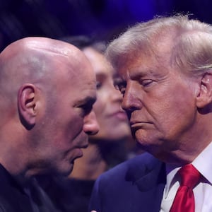 President-elect Donald Trump speaks with Dana White (left) during UFC 309 at Madison Square Garden