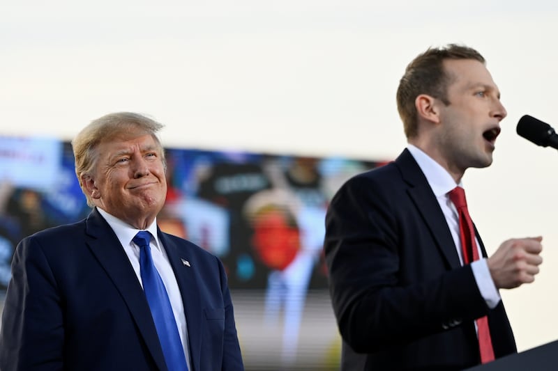 U.S. Republican congressional candidate Max Miller speaks during an event hosted by Trump, at the county fairgrounds in Delaware, Ohio, U.S., April 23, 2022.
