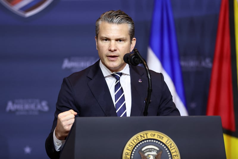 U.S. Secretary of Defense Pete Hegseth speaks at the "Shield of the Americas" Summit in Miami, Florida, U.S., March 7, 2026.
