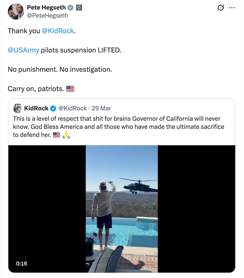 Pete Hegseth X post about Kid Rock helicopter stunt