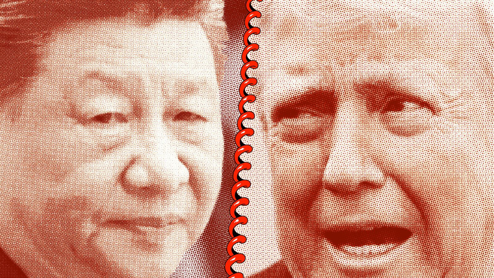 Xi Jinping and Donald Trump with a phone cord between them