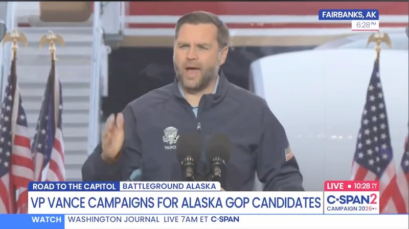 JD Vance reacts to a heckler at a campaign rally in Fairbanks, Alaska.