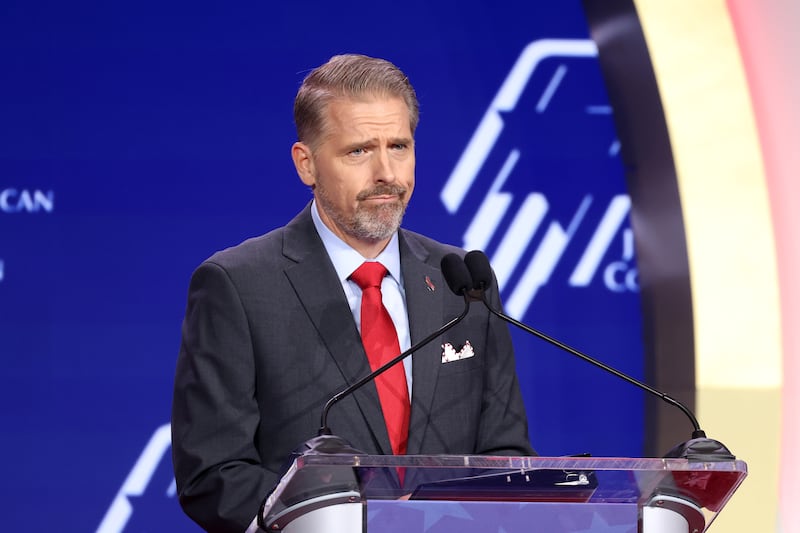 Scott Jennings speaking with attendees at the Republican Jewish Coalition's 2026 Annual Leadership Summit at the Venetian Convention & Expo Center in Las Vegas, Nevada.