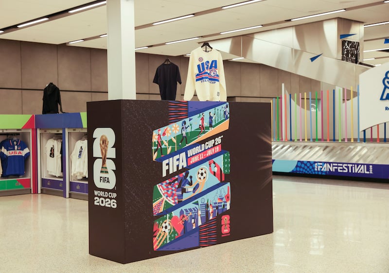 A sign advertising the upcoming FIFA World Cup stands at Kansas City International Airport in Kansas City, Missouri, U.S., May 9, 2026.