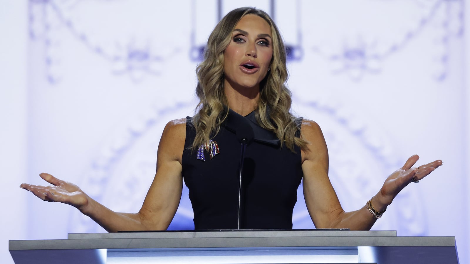 Lara Trump speaks on stage on the second day of the Republican National Convention at the Fiserv Forum on July 16, 2024 in Milwaukee, Wisconsin.