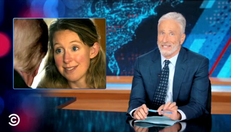 The Daily Show, Jon Stewart showing edited clip of Trump with Elizabeth Holmes