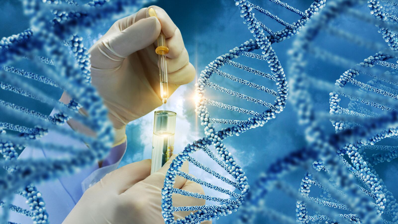 gloved scientist hand surrounded by blue dna clusters