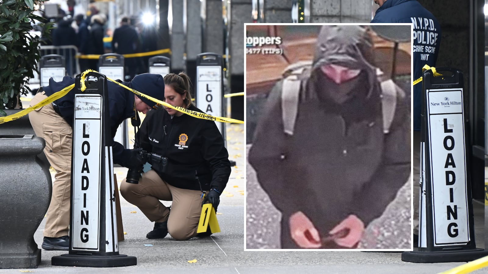 A photo illustration of Unitedhealthcare CEO murder scene in front of the Hilton in NYC and suspect.