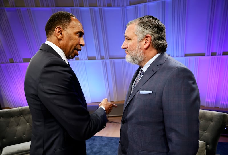 Host Stephen A. Smith in conversation with Senator Ted Cruz (R-TX) at a SiriusXM Town Hall event