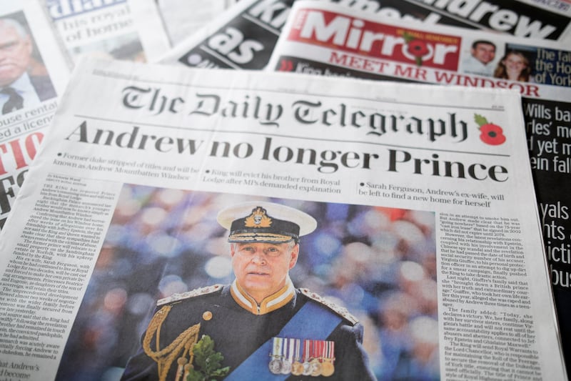 British newspapers share the news that King Charles has started the formal process of removing the royal titles, styles and honours from his brother, who will now be known as Andrew Mountbatten Windsor.
