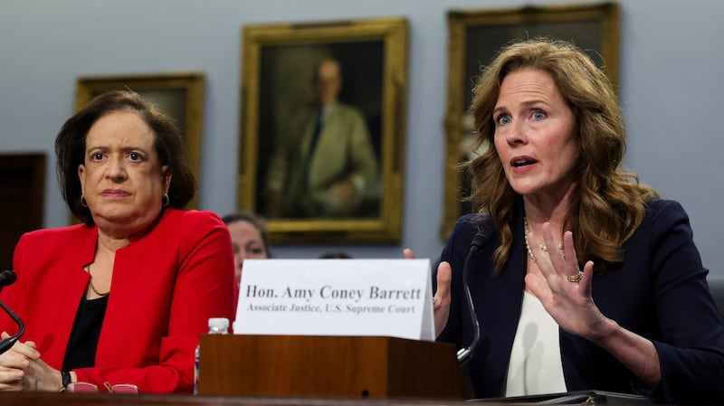 U.S. Supreme Court justices Amy Coney Barrett and Elena Kagan testify before a House Appropriations Financial Services and General Government Subcommittee hearing on the Supreme Court's annual budget request to Congress on Capitol Hill.