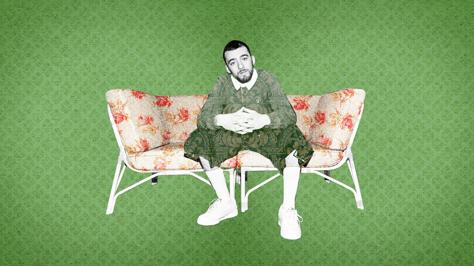 Photo illustration of Angus Cloud sitting on a couch on a green baroque pattern background.