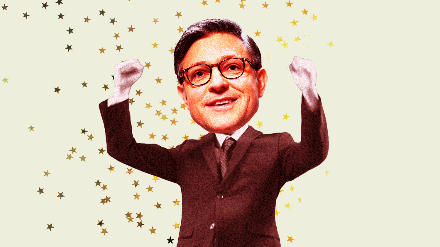 Mike Johnson dance celebrating on a beige background with gold stars
