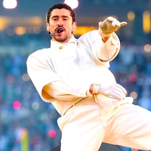 Bad Bunny performs during the Apple Music halftime show at the NFL Super Bowl LX football game between the Seattle Seahawks and New England Patriots at Levi Stadium on February 8, 2026 in Santa Clara, California.