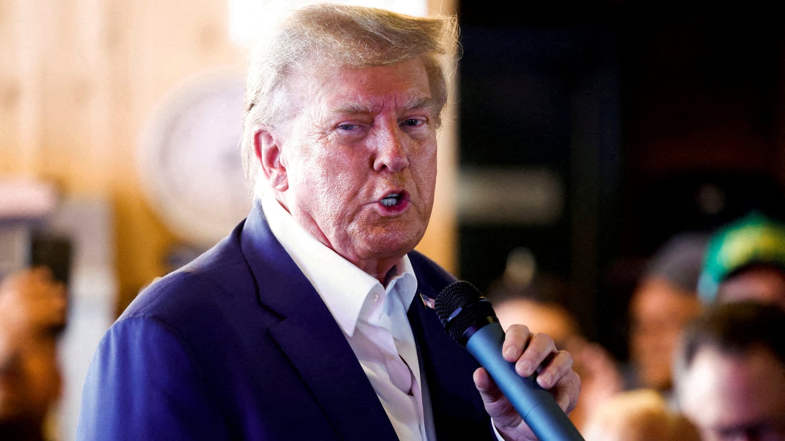 Donald Trump speaks as he campaigns at the Iowa State Fair in Des Moines, Iowa