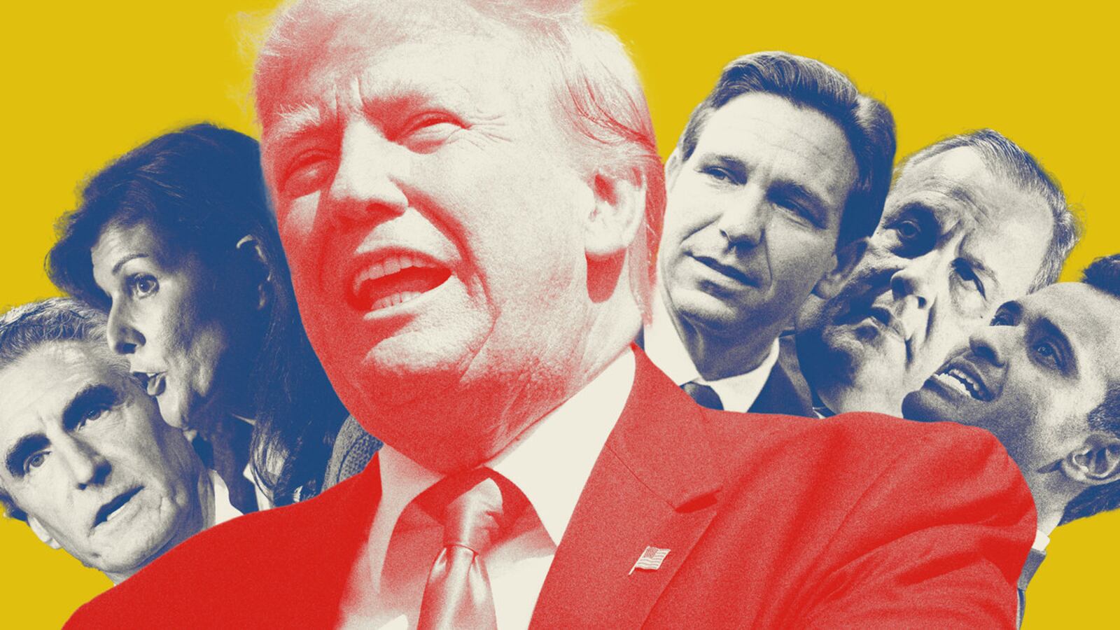 Photo illustration of Doug Burgum, Nikki Haley, Donald Trump, Ron DeSantis, Chris Christie, and Vivek Ramaswamy