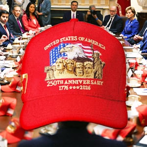 A photo illo illustration of Donald Trump participates in a cabinet meeting with his new MAGA 250th Anniversary hats.