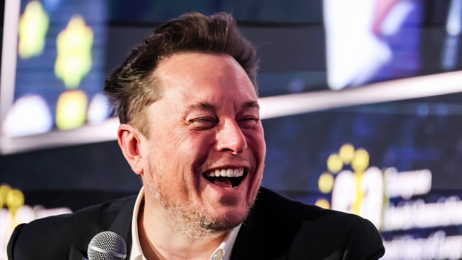 KRAKOW, MALOPOLSKIE, POLAND - 2024/01/22: American billionaire, Elon Musk speaks in conversation with Ben Shapiro (not in picture), a Jewish political journalist and broadcaster about antisemitism online during the European Jewish Association (EJA) symposium in the Conference Centre of Hilton Hotel in Krakow. Elon Musk visited Poland on the invitation of EJA to show his support for the Jewish fight against antisemitism. Elon Musk was accused of antisemitism after some antisemitic posts were published on X platform. (Photo by Dominika Zarzycka/SOPA Images/LightRocket via Getty Images)