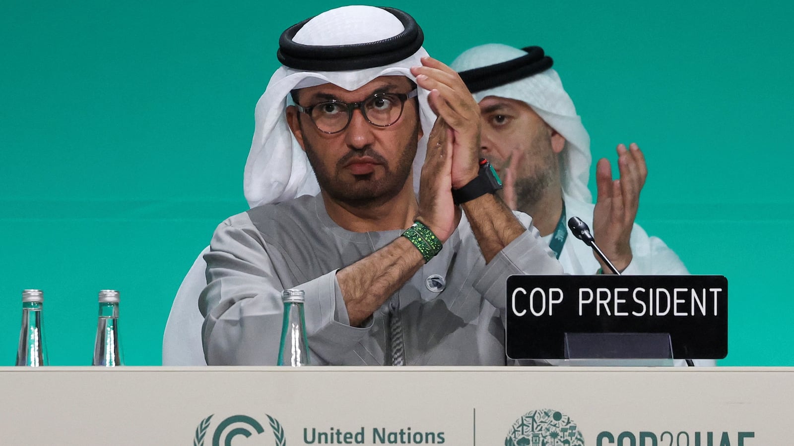 COP28 President Sultan Ahmed Al Jaber attends a plenary meeting, after a draft of a negotiation deal was released, at the United Nations Climate Change Conference COP28 in Dubai, United Arab Emirates, Dec. 13, 2023.